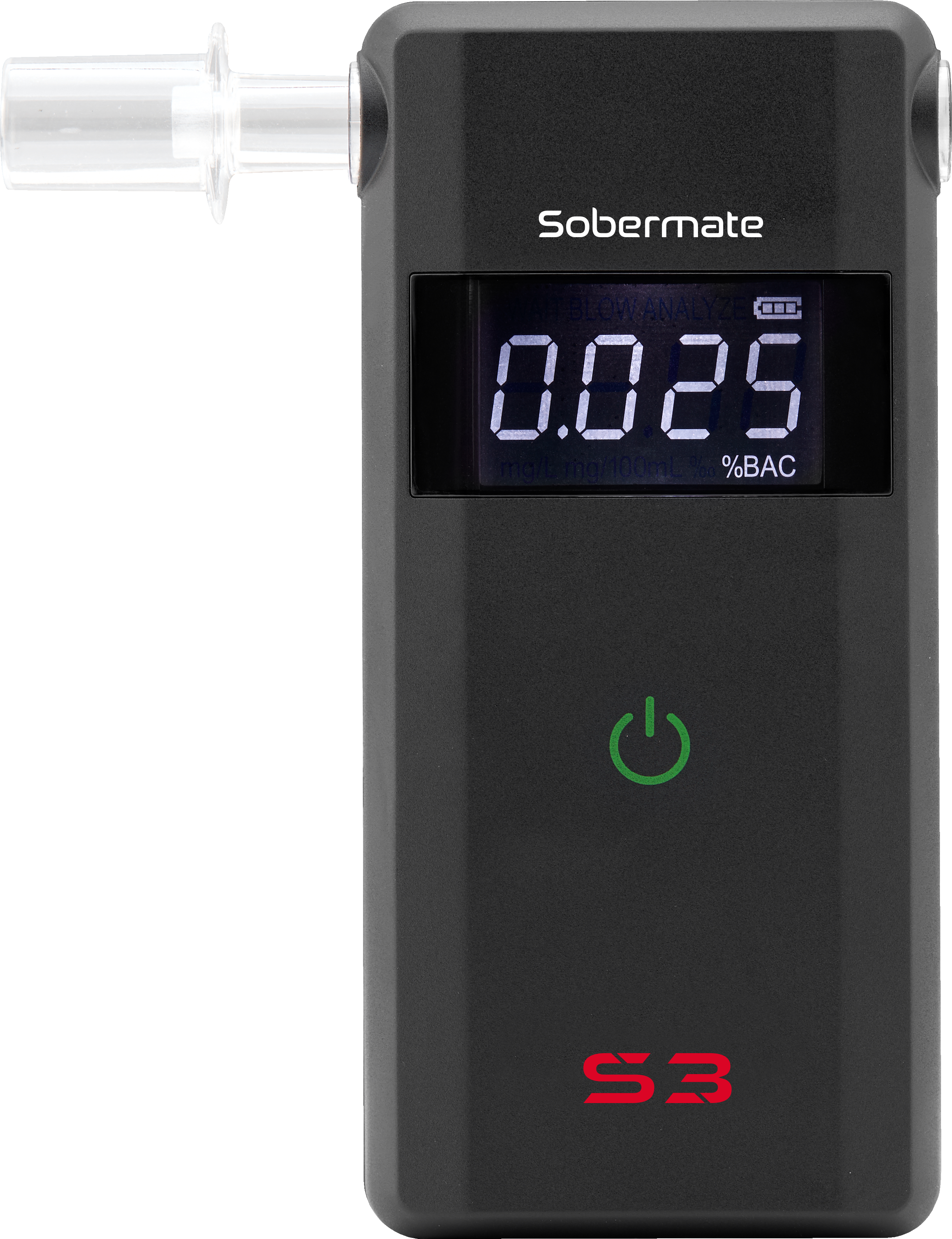 Compact black Sobermate S3 personal breathalyser with large illuminated display showing "0.000", single power button, and direct-blow intake port. Sleek, keychain-sized design for portable alcohol testing.